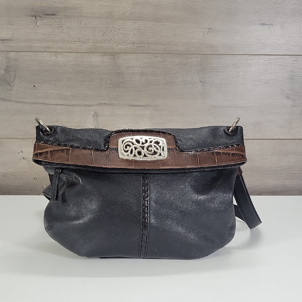 Brighton Classic Black & Brown Flat Front Leather Shoulder Bag w/ Silver Accent